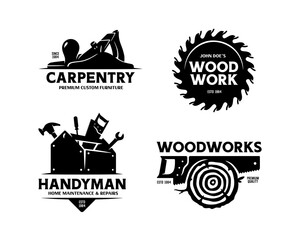 Carpentry woodworks handyman labels set. Vector illustration.
