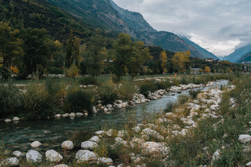 Landscape of the Esera river of Benasque, surrounded by the highest peaks in that range, which is...