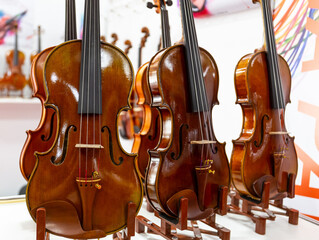Classical violins standing on a wooden base.