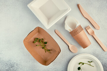 Biodegradable disposable tableware. Paper plates, cups, boxes. Wooden cutlery. Flat lay