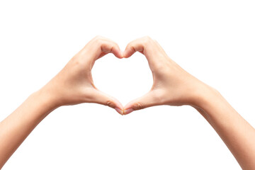 Close up female hands making sign heart by fingers isolated on white background. Love concept