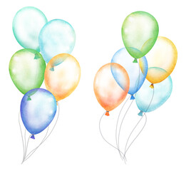 set of transparent watercolor balloons illustration on white