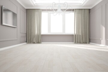 modern empty room with tv set,curtains and molding interior design. 3D illustration