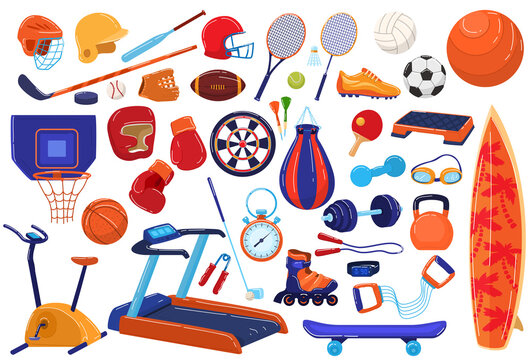 Sport equipment vector illustration icon set. Cartoon flat sportsman collection with ball racket for soccer baseball, football game and tennis, fitness gym sport tool, roller skates isolated on white