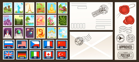 Post stamps vector illustrations. Cartoon flat postal collection of postage stamps, country of the world, vintage travel or nature labels and badges set, retro seal and postmark mail design templates