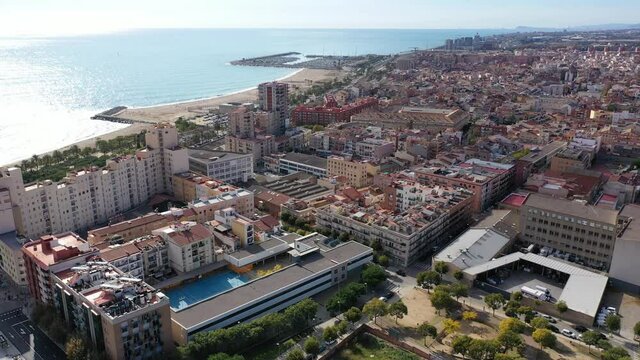 Picturesque aerial view of winter cityscape of Mataro on Mediterranean coast, Costa del Maresme, Spain 