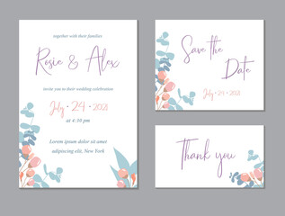 Save the Date Card Templates Set with Eucalyptus leaves, Decorative Floral and Herbs Element