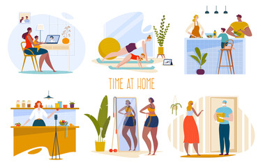 People stay home in quarantine vector illustration set. Cartoon flat woman man, family characters do sport exercises, cook and take food pictures, spend time with kid, home activity isolated on white