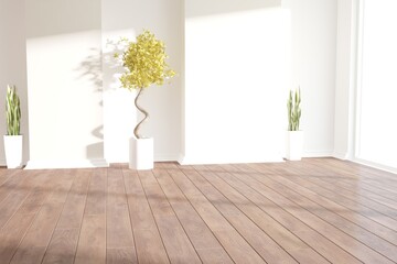 modern empty room with plants in white pots interior design. 3D illustration