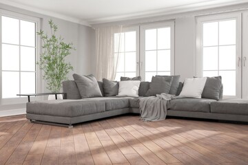 modern room with big sofa,pillows,plaid and plants interior design. 3D illustration