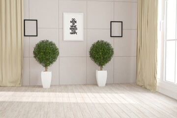 modern room with curtains,frames,picture,plants interior design. 3D illustration