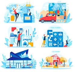 Travel tourism concept vector illustration set. Cartoon flat woman man tourist characters planning holiday vacation, traveller holding puzzle trip, traveling, visiting landmark isolated on white