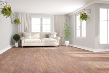 modern room with sofa and plants interior design. 3D illustration