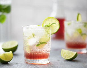 summer cocktail of strawberry syrup, lime, mint and ice