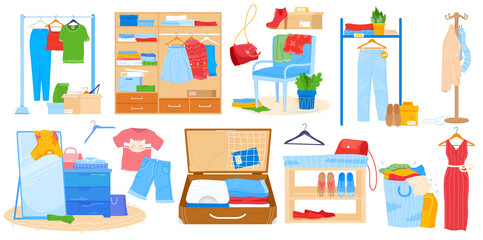 Wardrobe for clothes vector illustration. Cartoon flat room furniture set, opened cupboard closet with woman man clothing, hanger with hanging dress shirt jacket jeans, shoes shelves isolated on white