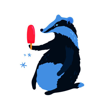 Badger With Pink Popsicle Ice Cream And Snowflakes 