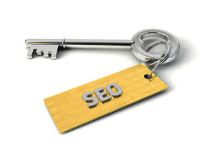Metal Key with SEO golden tag isolated on white. Key to SEO concept. 3d illustration
