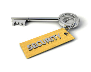 Metal Key with Security golden tag isolated on white. Key to Security concept. 3d illustration
