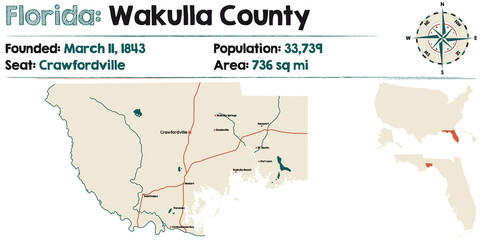 Large and detailed map of Wakulla county in Florida, USA.