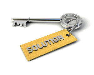 Metal Key with Solution golden tag isolated on white. Key to Solution concept. 3d illustration
