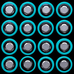 Top view of 18650 elemnts. Positive terminals. Seamless pattern. Can be fit to any size background