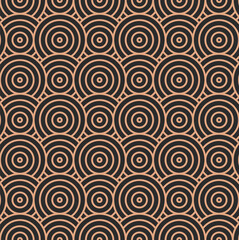 Fototapeta na wymiar Dark Ornament Vector Optical Repetition Texture. Golden Fabric Graphic Curved Shapes Pattern. Seamless Minimal Plexus Repeat 