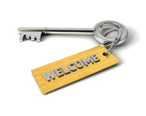 Metal Key with Welcome golden tag isolated on white. Key to Welcome concept. 3d illustration
