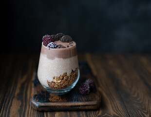breackfast with muesli and chocolate milk