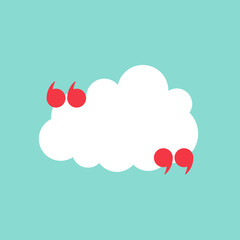 white chat speech bubble with red quote marks isolated on powder blue background.