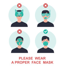 Please wear a proper face mask to avoid novel coronavirus covid-19 . warning or caution sign. Funny andTrendy vector illustration