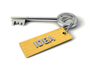 Metal Key with Idea golden tag isolated on white. Key to Idea concept. 3d illustration
