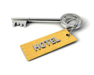 Metal Key with Hotel golden tag isolated on white. Key to Hotel concept. 3d illustration
