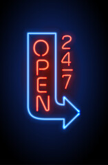 Neon sign Open 24 7 light vector background.