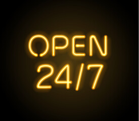 Fototapeta na wymiar Neon sign Open 24 7 light vector background.