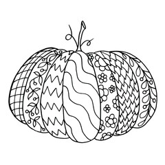 Vector pumpkin coloring book sheet. Black and white Halloween object. Hand-drawn monochrome sketch of an autumn element in doodle style.