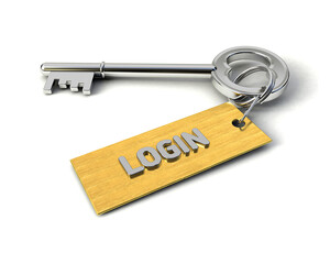 Metal Key with Login golden tag isolated on white. Key to Login concept. 3d illustration
