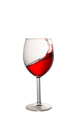 A splash of red wine in a glass on a white background. Healthy wine before dinner