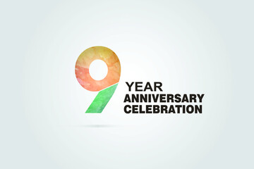 9 year anniversary celebration logotype with watercolor Green and Orange Emboss Style isolated on white background for invitation card, banner or flyer-vector