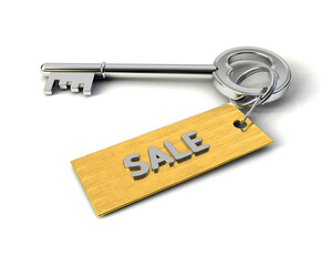 Metal Key with Sale golden tag isolated on white. Key to Sale concept. 3d illustration
