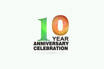 10 year anniversary celebration logotype with watercolor Green and Orange Emboss Style isolated on white background for invitation card, banner or flyer-vector