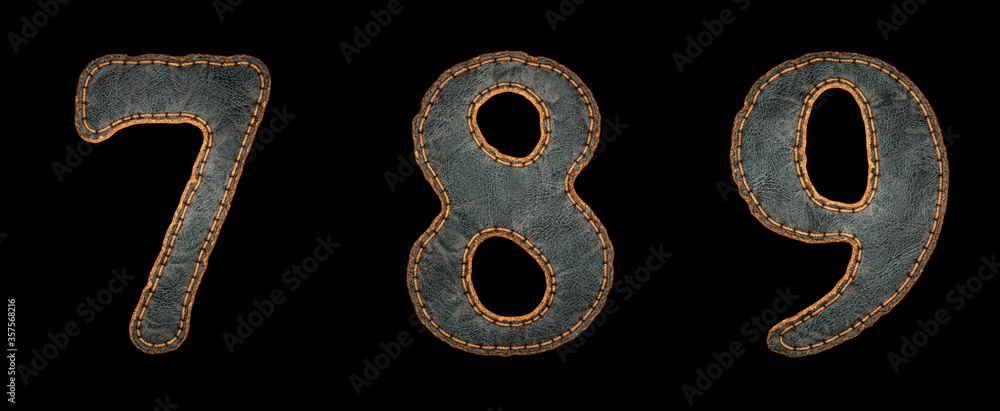 Fototapete set of numbers 7, 8, 9 made of leather. 3d render font with skin texture isolated on black backgroun