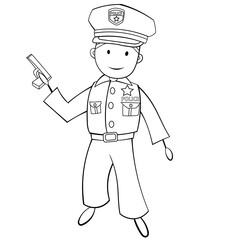 Cute Cartoon Boy in Policeman Costume. Black and White. JPEG.