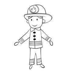 Cute Cartoon Boy in Fireman Costume. Black and White. JPEG.