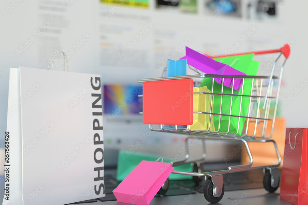 Aufkleber bag with shopping text and shopping cart on a laptop keyboard. online shopping related 3d rendering