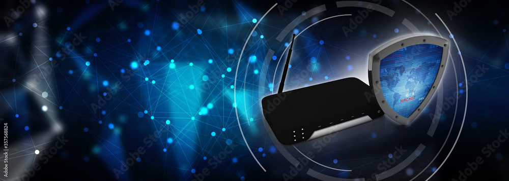 Poster 3d rendering shield and router