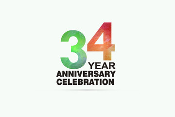 34 year anniversary celebration logotype with watercolor Green and Orange Emboss Style isolated on white background for invitation card, banner or flyer-vector