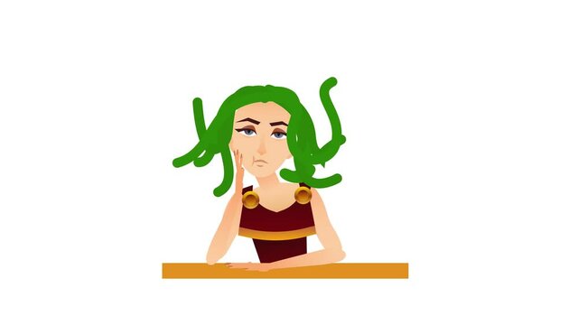 Cartoon animation of bored Medusa Gorgon with unruly hair snakes