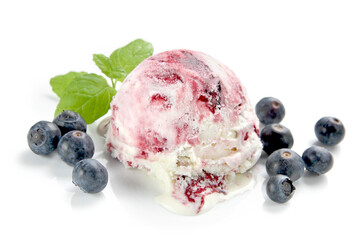 Ice cream scoop with blueberries isolated over white
