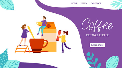 Concept of landing page with characters make morning coffee with milk for good mood in flat style. Wake up vector illustration with tiny people for web banner