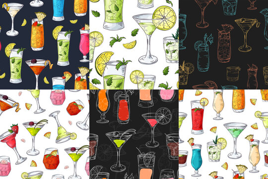 Set of cocktails seamless patterns with hand drawn elements in sketch style. Alcoholic drinks in different glass in color. Vector illustration